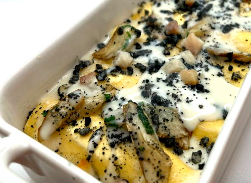 Baked cannelloni with sturgeon, artichoke and Cru Sturgeon Bottarga